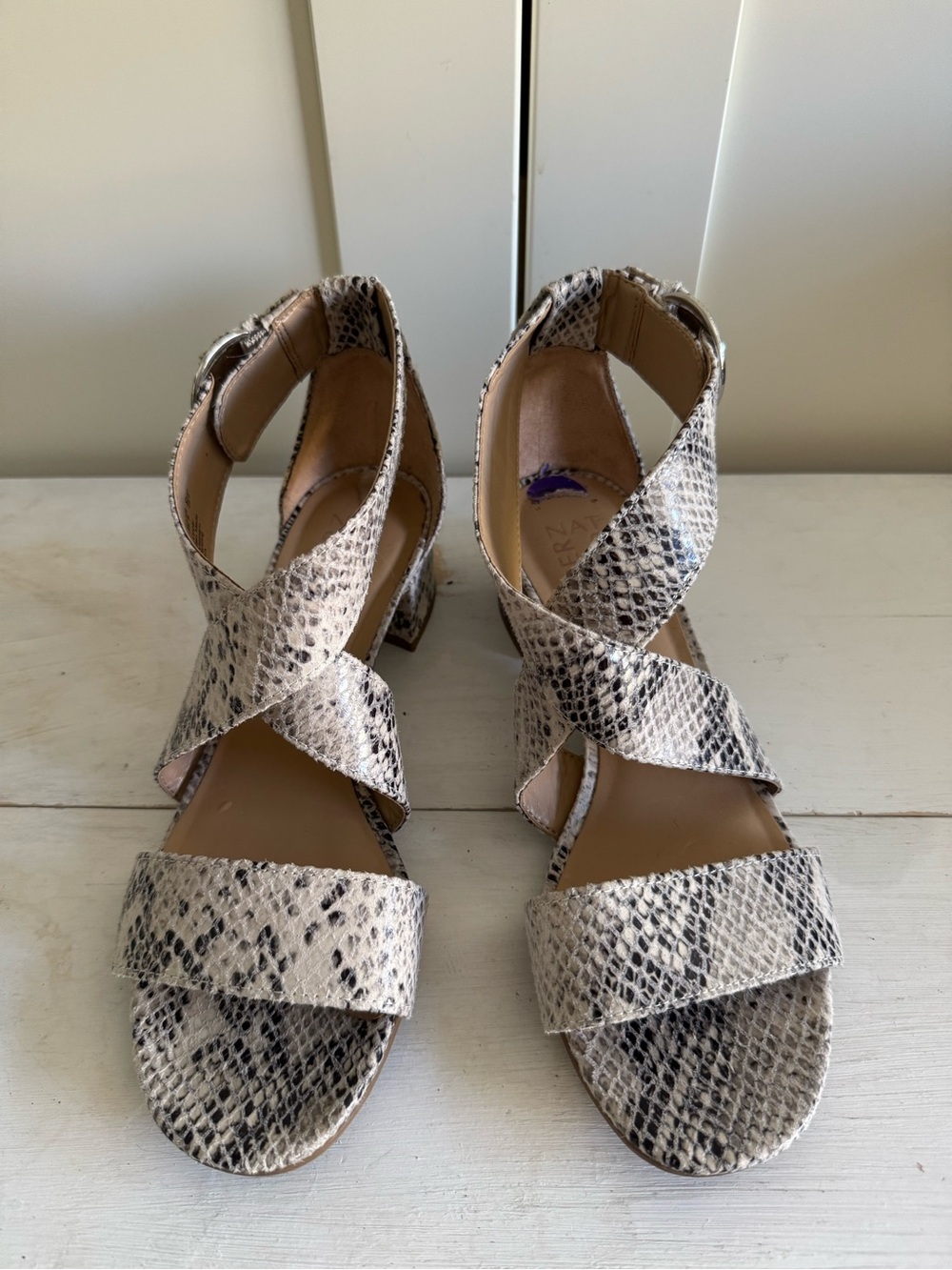 Naturalizer Snake-Print Crisscross Block Heel Sandals - Cream & Black